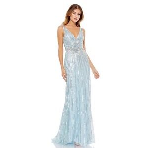 Mac Duggal Size 14 Powder Blue Sequin V-Neck Beaded Evening Gown Long Dress NWT